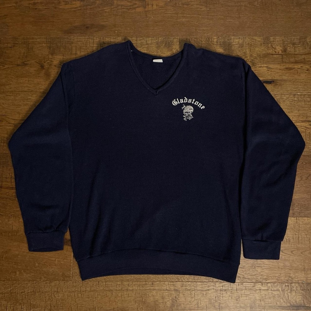 Champion V-Neck Sweater Mens XL Navy Blue Retro Preppy 70s Gladstone Blue Bar